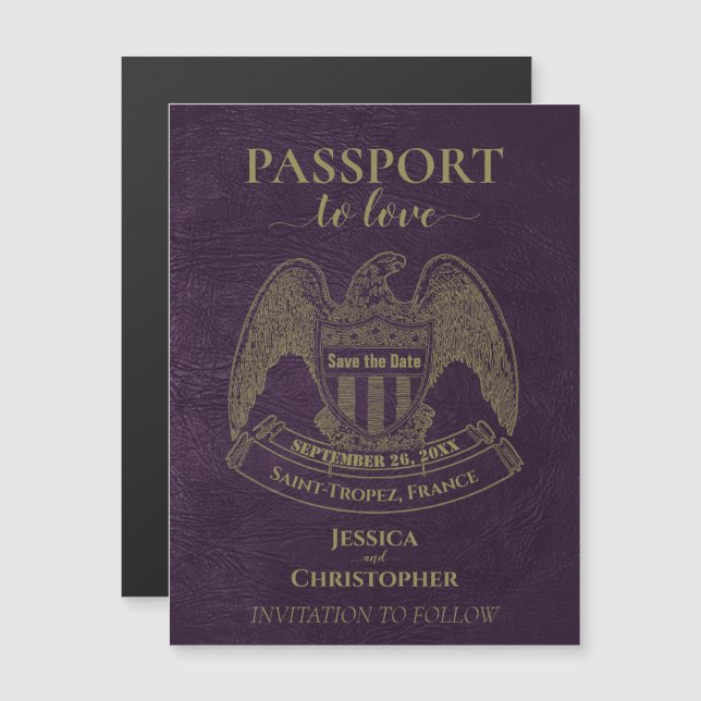 Invitation Magnétique Purple Passport Destination Mariage Enregistrer la (Devant / Derrière)