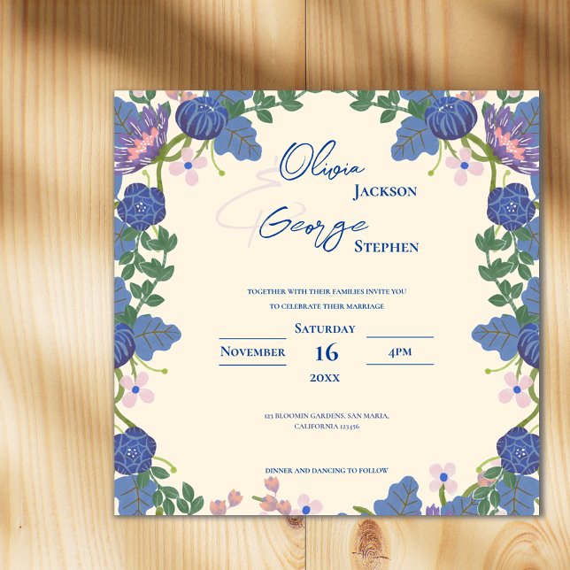 Invitation Magnétique Purple Romantic Pretty Blue Florals Garden Wedding (Purple Romantic Pretty Blue Florals Garden Wedding Magnetic Invitation)