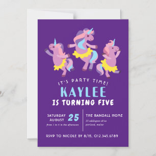 Invitation Magnétique Purple Rose Danser Unicorn Enfants Anniversaire