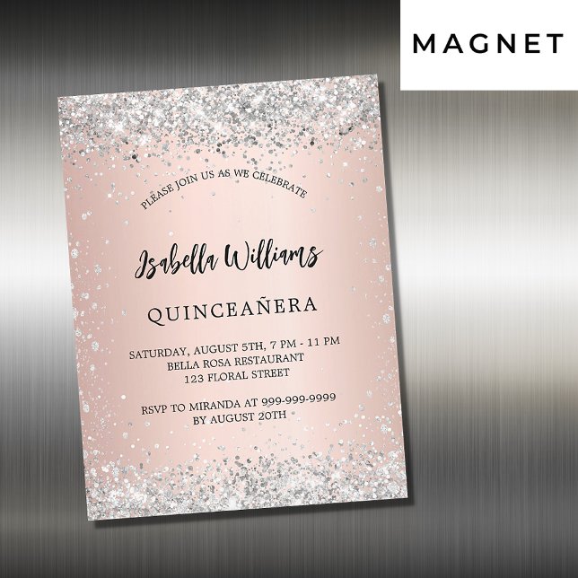 Invitation Magnétique Quinceanera argent rose or blush luxe (Créateur téléchargé)