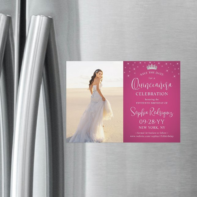 Invitation Magnétique Quinceañera Enregistrer la date Photo Fuschia rose (Créateur téléchargé)