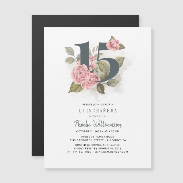 Invitation Magnétique Quinceanera Floral rustique 15e anniversaire (Devant / Derrière)