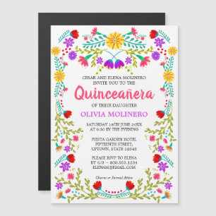 Invitation Magnétique Quinceanera Florale Colorée Art folklorique Mexica