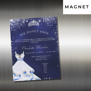 Invitation Magnétique Quinceanera marine bleu argent robe tiara luxe
