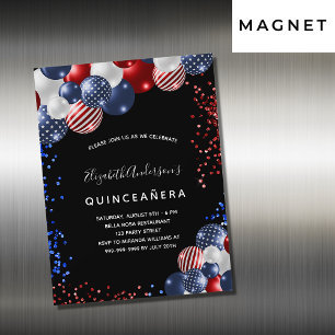 Invitation Magnétique Quinceanera patriotique noir rouge bleu blanc ball