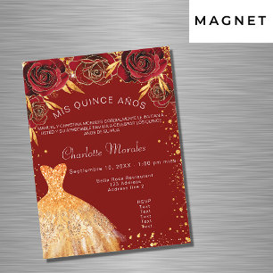 Invitation Magnétique Quinceanera robe rouge or fleurs luxe
