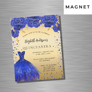 Invitation Magnétique Quinceanera robe royale bleu or fleurons luxe