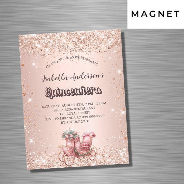 Invitation Magnétique Quinceanera rose chariot d'or luxe (Créateur téléchargé)
