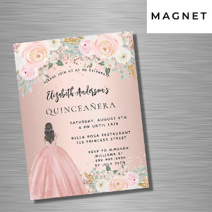 Invitation Magnétique Quinceanera rose fleurs or robe luxe