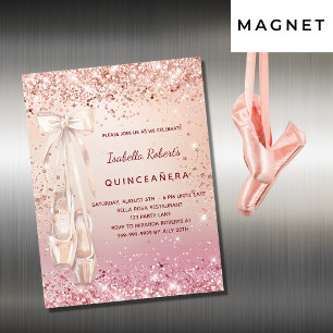 Invitation Magnétique Quinceanera rose or rose ballerine luxe