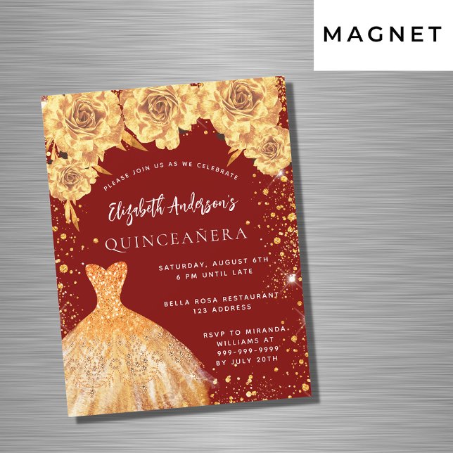 Invitation Magnétique Quinceanera rouge or parties scintillant robe rose (Créateur téléchargé)