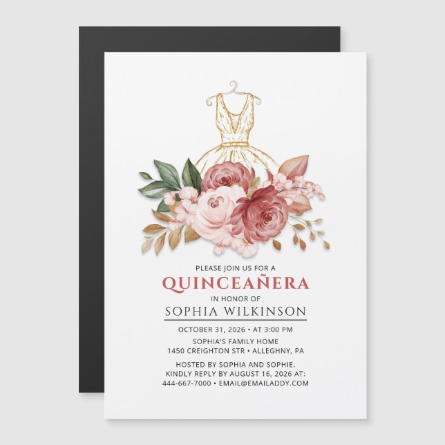Invitation Magnétique Quinceanera Rustique Floral Faux Robe d'or 15e (Devant / Derrière)