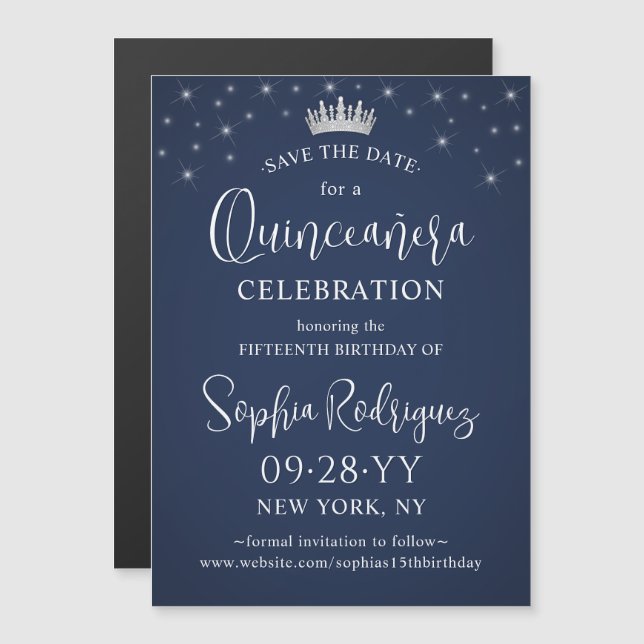 Invitation Magnétique Quinceañera Save the Date Elegant Navy Blue (Devant / Derrière)