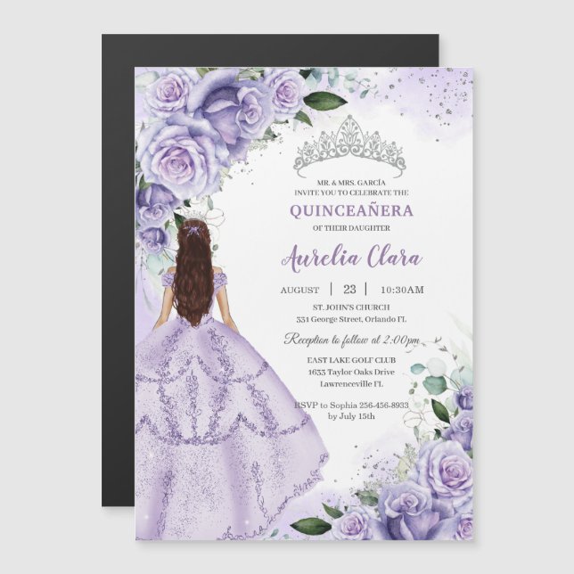 Invitation Magnétique Quinceañera Sweet 16 Purple Lavender Floral Argent (Devant / Derrière)
