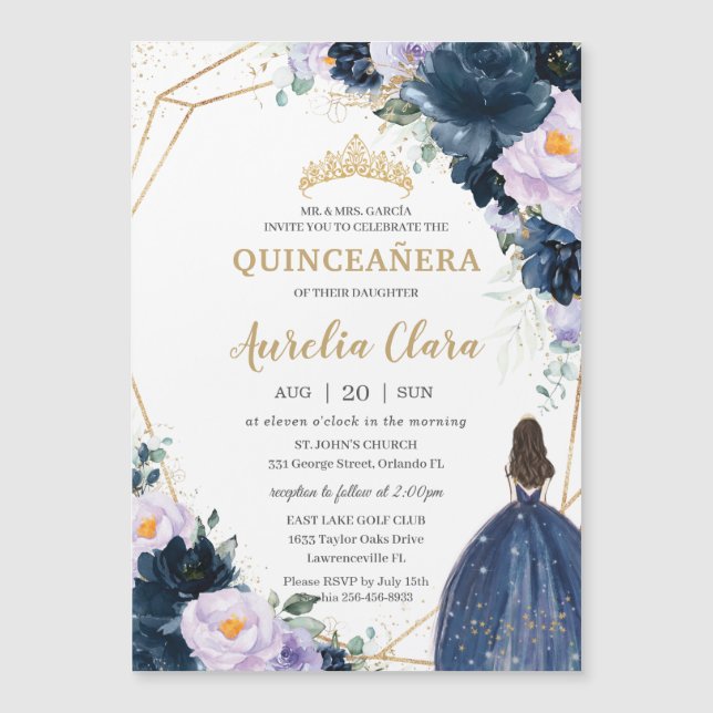 Invitation Magnétique Quinceañera Sweet 16 Violet Lilas Bleu Marine Flor (Devant)