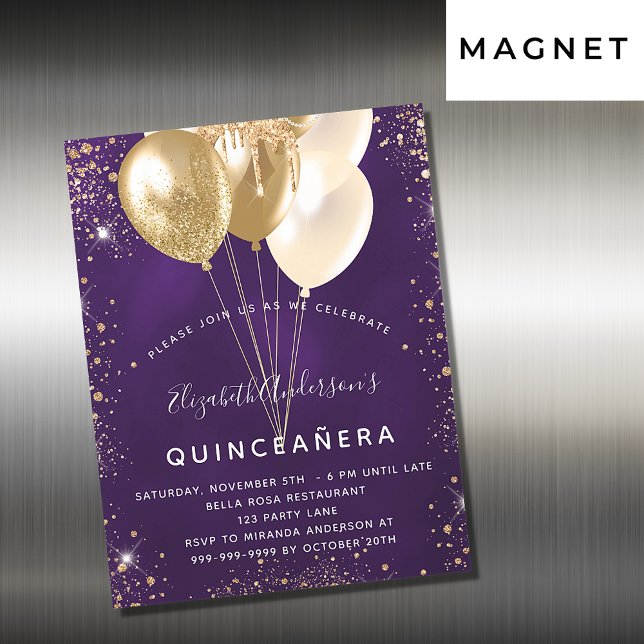 Invitation Magnétique Quinceanera violet or parties scintillant ballons  (Créateur téléchargé)