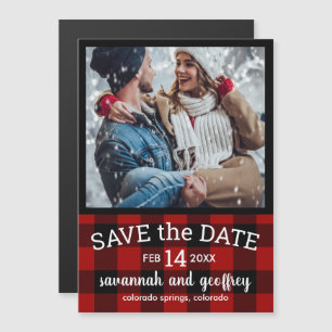 Invitation Magnétique Red Buffalo Plaid Photo Wedding Enregistrer la dat
