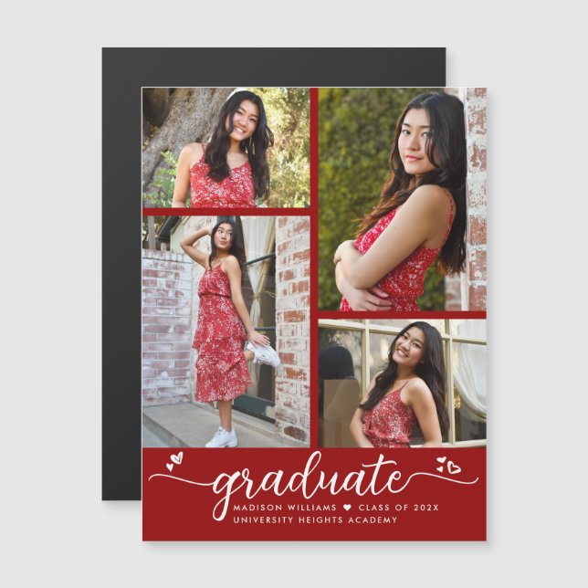 Invitation Magnétique Red Graduation 4 Photo Script Coeurs Modern Girly (Devant / Derrière)