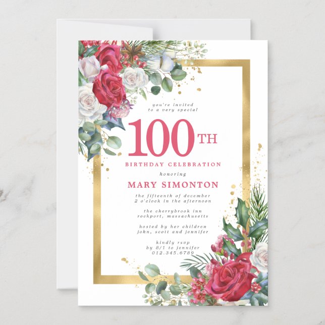 Invitation Magnétique Red Rose Gold Holly 100e anniversaire (Recto)
