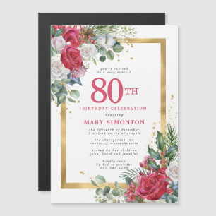 Invitation Magnétique Red Rose Gold Holly 80e anniversaire