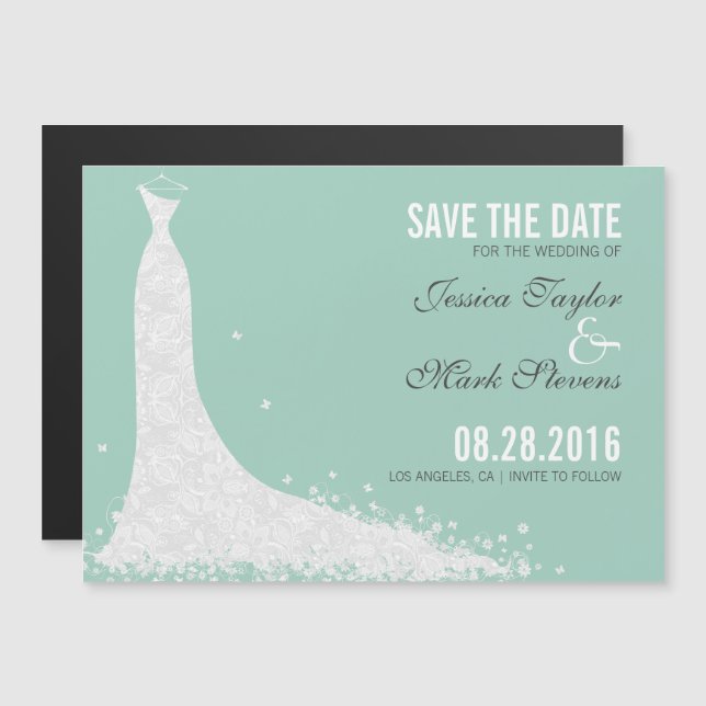 Invitation Magnétique Robe Mariage Dentelle Mint & Blanc Enregistrer La  (Devant / Derrière)