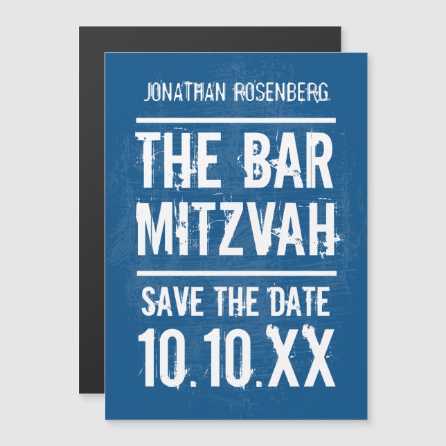 Invitation Magnétique Rock Band Bar Mitzvah Sauvez la date en bleu (Devant / Derrière)