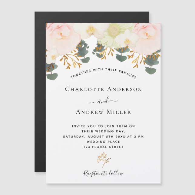 Invitation Magnétique Rose blanc floral or vert mariage (Devant / Derrière)