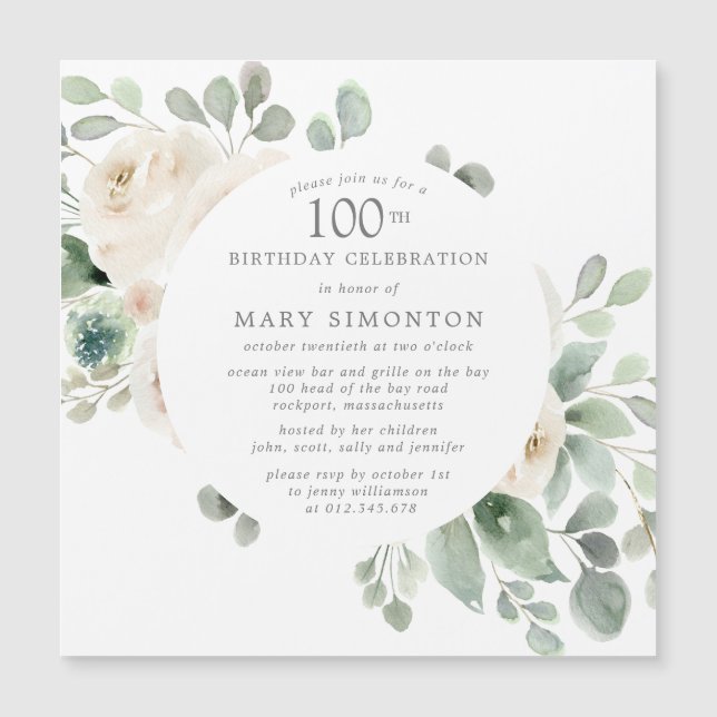 Invitation Magnétique Rose blanche Floral Eucalyptus 100e fête d'anniver (Devant)
