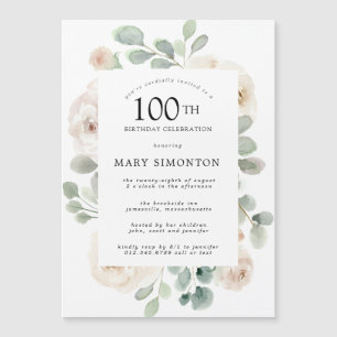 Invitation Magnétique Rose blanche Floral Eucalyptus 100e fête d'anniver