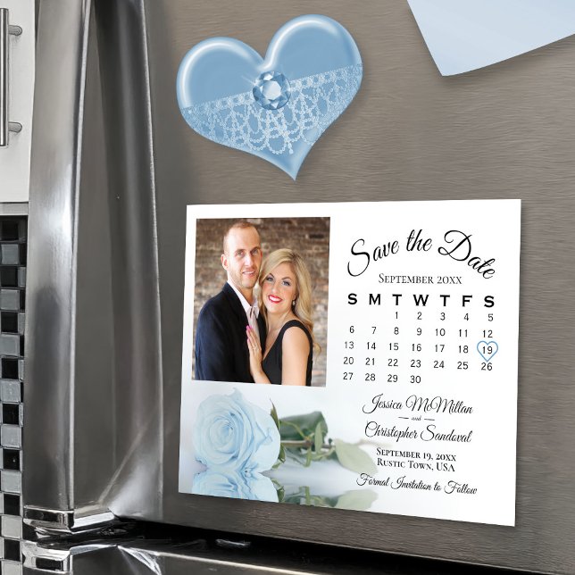 Invitation Magnétique Rose bleu clair Calendrier & Photo Date d'enregist (Magnetic for easy display!)
