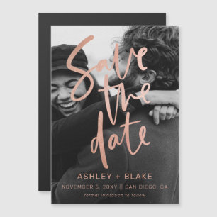 Invitation Magnétique Rose Gold Calligraphy Photo Enregistrer la date