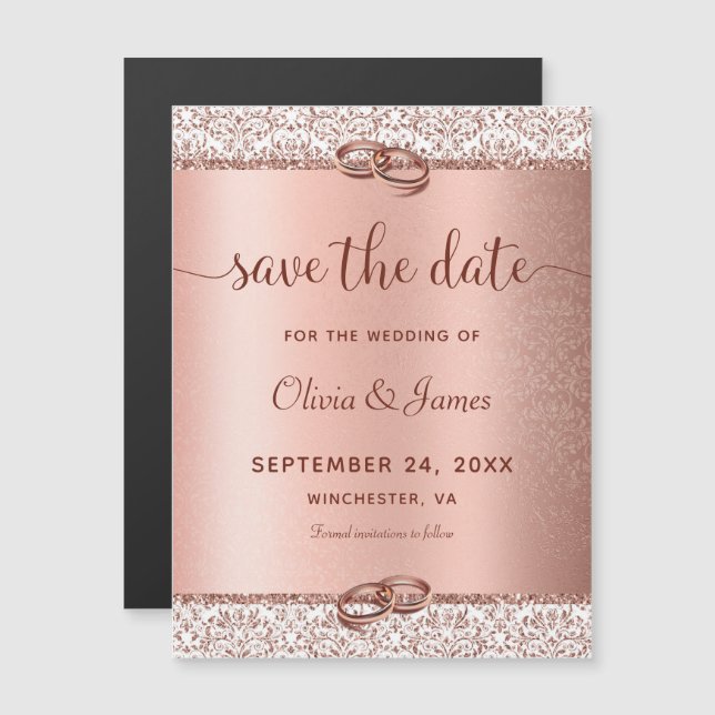Invitation Magnétique Rose Gold Damask Script Wedding Enregistrer la dat (Devant / Derrière)