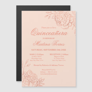 Invitation Magnétique Rose Gold Élégant Fleurs Rose Floral Quinceanera
