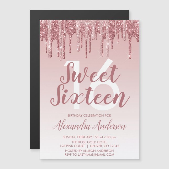 Invitation Magnétique Rose Gold Sparkle Parties scintillant Sweet sixtee (Devant / Derrière)