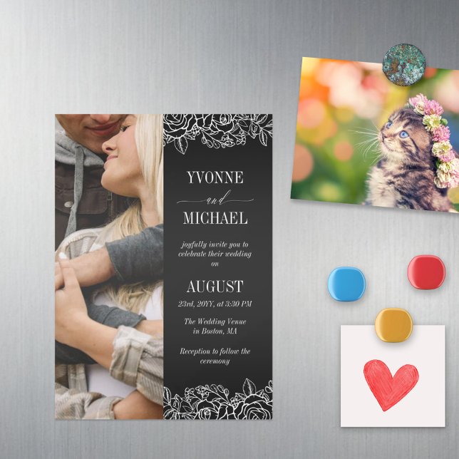 Invitation Magnétique Rose noir blanc présente le Mariage photo (Créateur téléchargé)