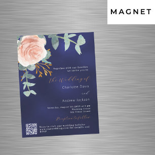 Invitation Magnétique Rose or floral marine bleu QR RSVP mariage de luxe
