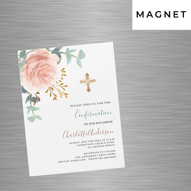 Invitation Magnétique Rose or rose fleurs or de luxe confirmation (Créateur téléchargé)