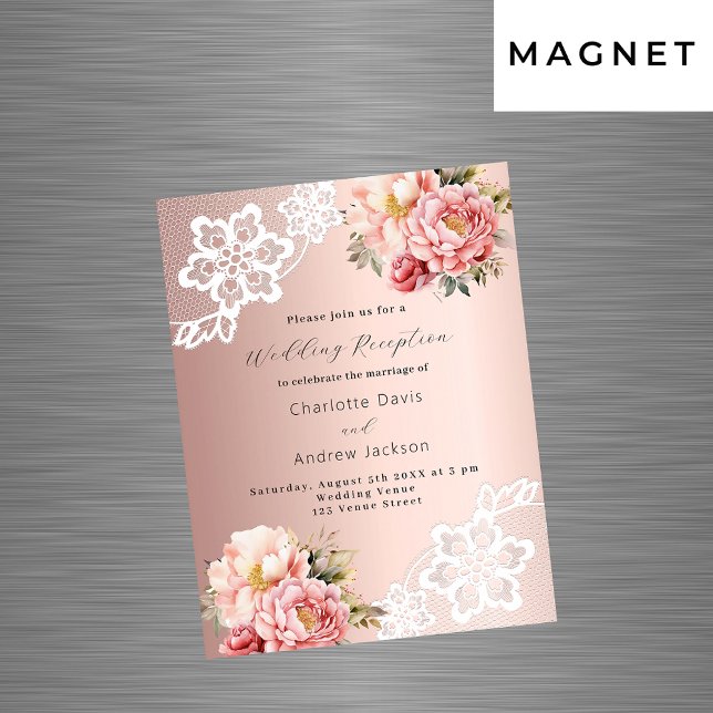Invitation Magnétique Rose or rose floraux dentelle réception de mariage (Créateur téléchargé)