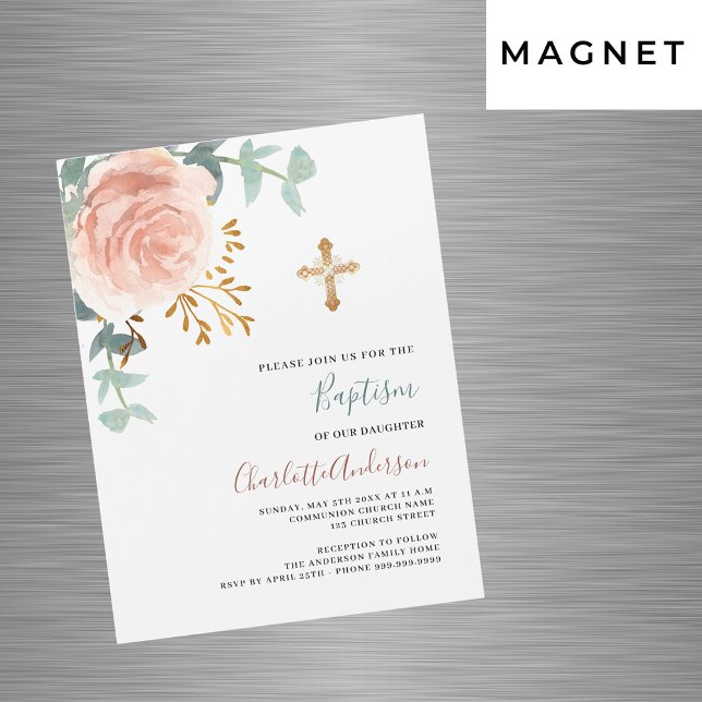 Invitation Magnétique Rose or rose verdure or luxe or baptême (Créateur téléchargé)