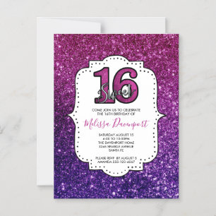 Invitation Magnétique Rose & Purple Sweet 16 Parties scintillant étincel