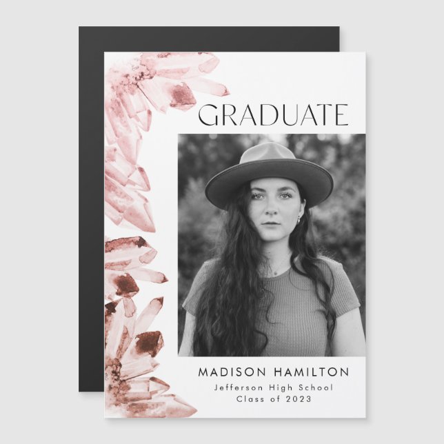Invitation Magnétique Rose Quartz Watercolor Crystals Photo Graduation (Devant / Derrière)
