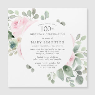 Invitation Magnétique Rose rose florale Eucalyptus 100e fête d'anniversa