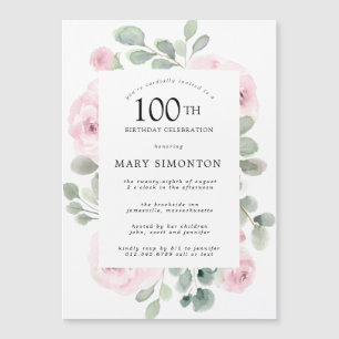 Invitation Magnétique Rose rose florale Eucalyptus 100e fête d'anniversa