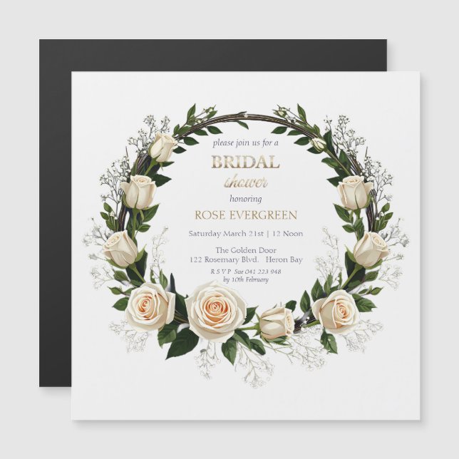 Invitation Magnétique Roses blanches et haleine de bébé  (Devant / Derrière)