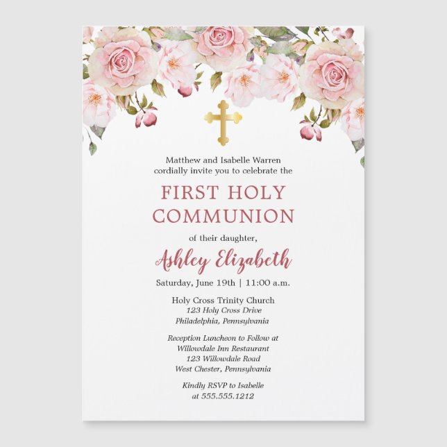 Invitation Magnétique Roses roses roses Aquarelle Florale Première commu (Devant)