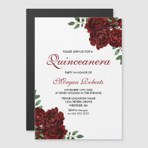 Invitation Magnétique Roses rouges Bourgogne moderne Quinceanera Party