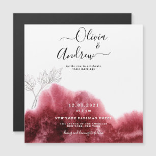 Invitation Magnétique Rouge Bourgogne Argent Mariage Aquarelle Botanique