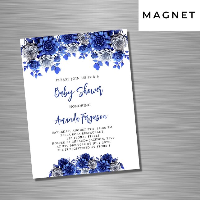 Invitation Magnétique Royal bleu blanc fleurs garçon baby shower de luxe (Créateur téléchargé)