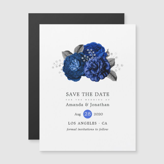 Invitation Magnétique Royal Blue et Silver Floral Wedding Enregistrer la (Devant / Derrière)