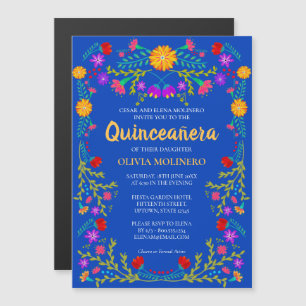 Invitation Magnétique Royal Blue Floral Folk Art Mexicain Quinceanera